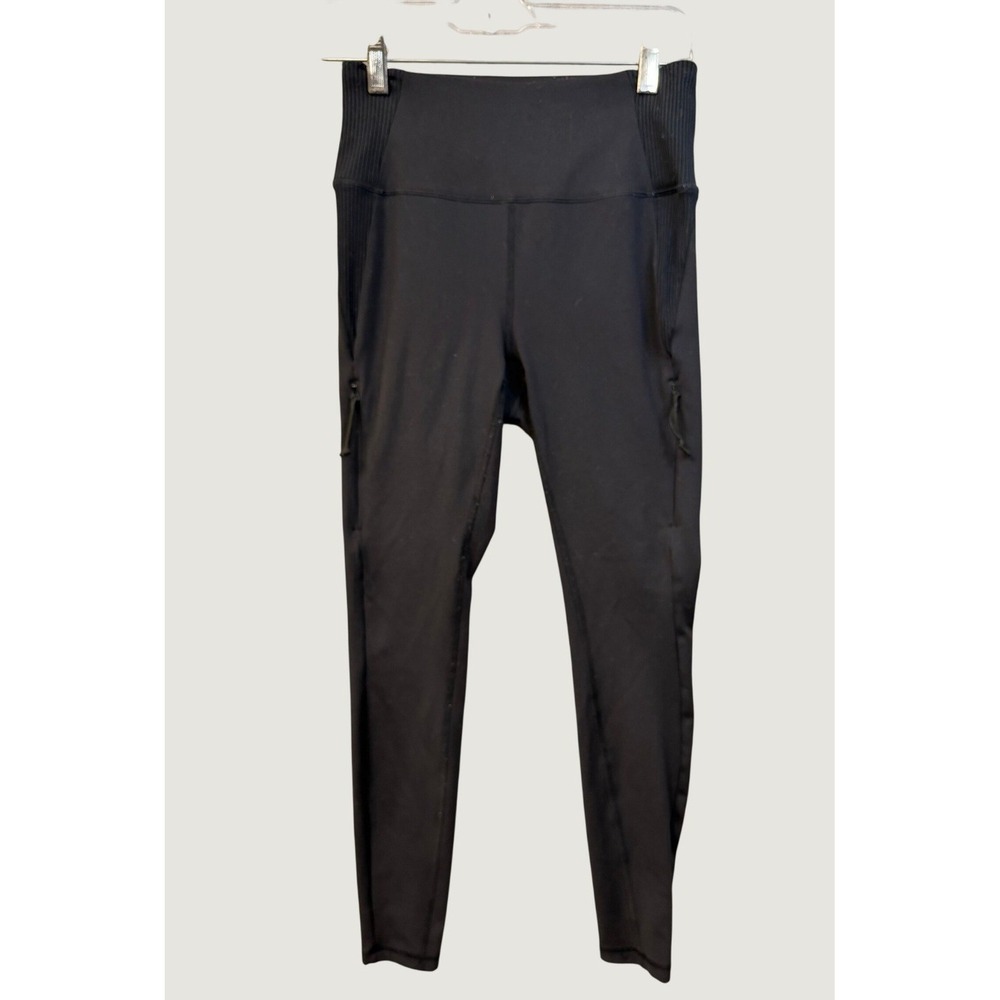 Black‎ High Waisted Athletic Leggings with Zipper Pockets and Ribbed Detail